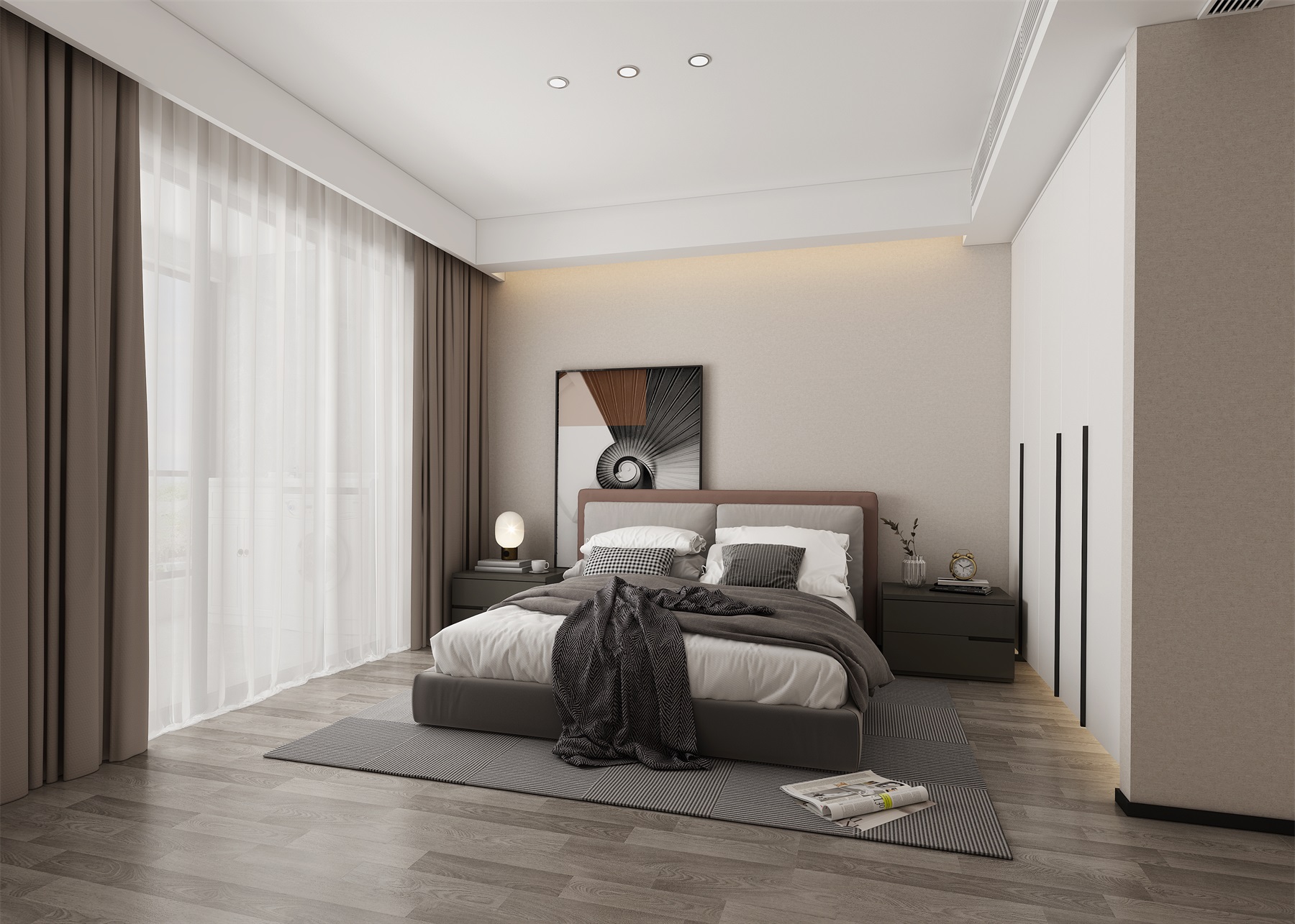 卧室以米色为主基调，床头米色灰色分层设计，嵌入式衣柜让卧室更加时尚高级。