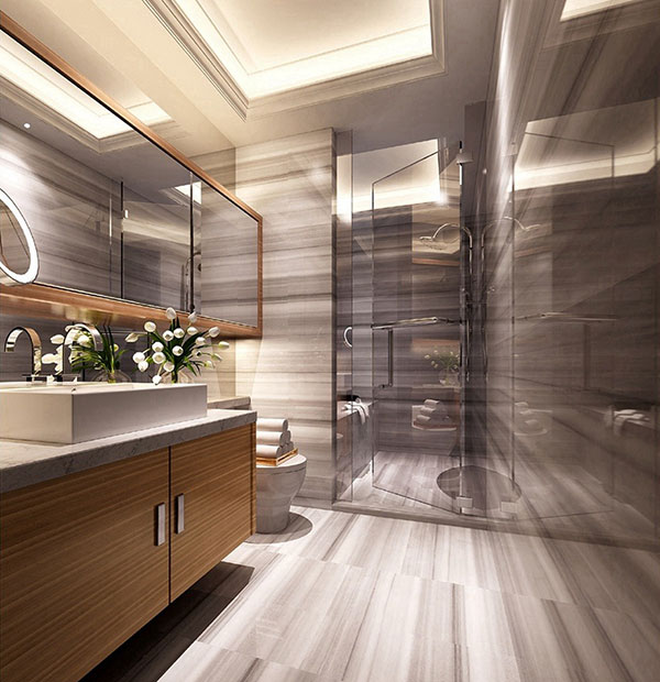 大理石赋予了卫浴间简而不凡的质感，配以干湿分离和照明设计，空间显得更加时尚。