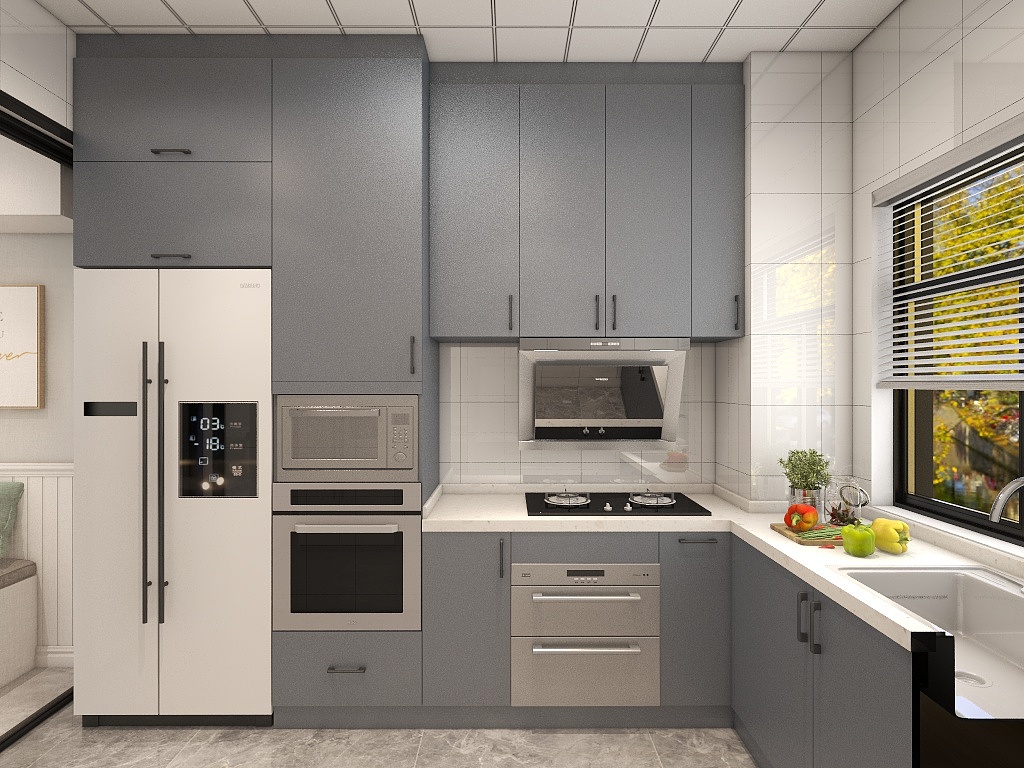 厨房采用蓝色橱柜布局，小巧精致，各个功能区有序分布，一切被安排的井然有序。