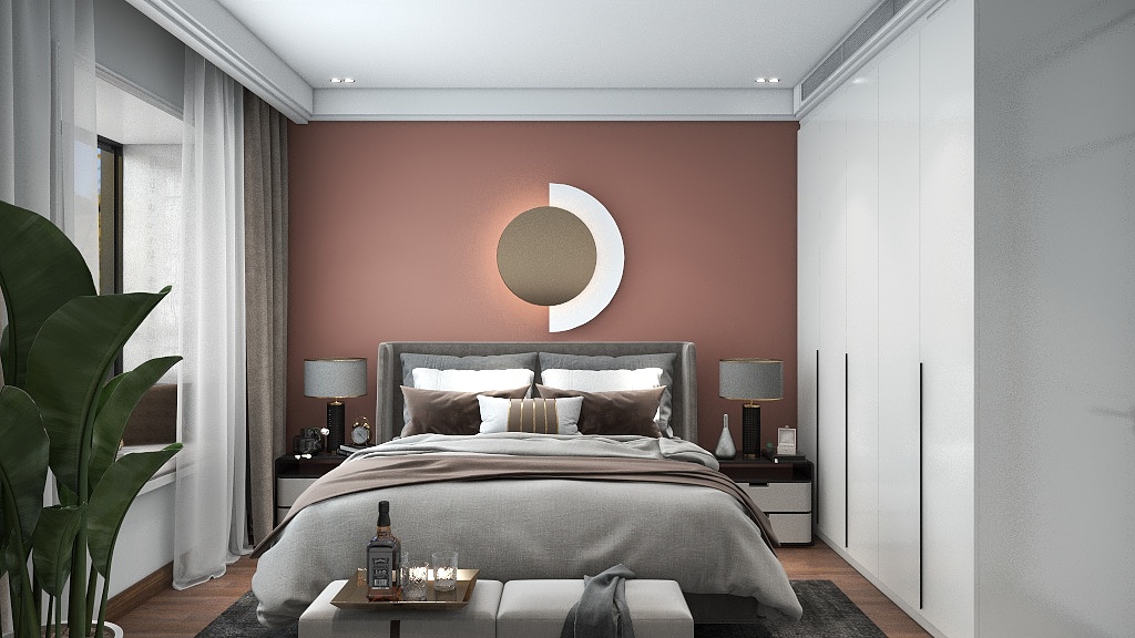 粉色背景墙设计时尚典雅，搭配灰色丝绒材质床品，卧室空间显得精致贵气。