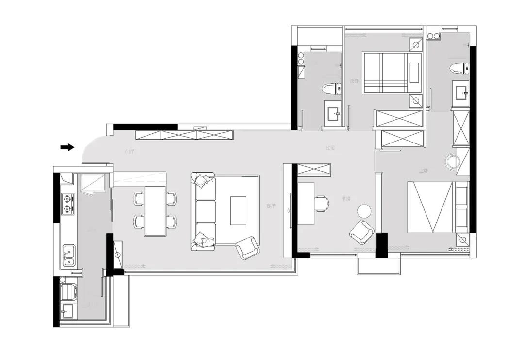 本案户型纯南向设计，适合居住，入门处设有玄关，可灵活设计成为收纳空间。