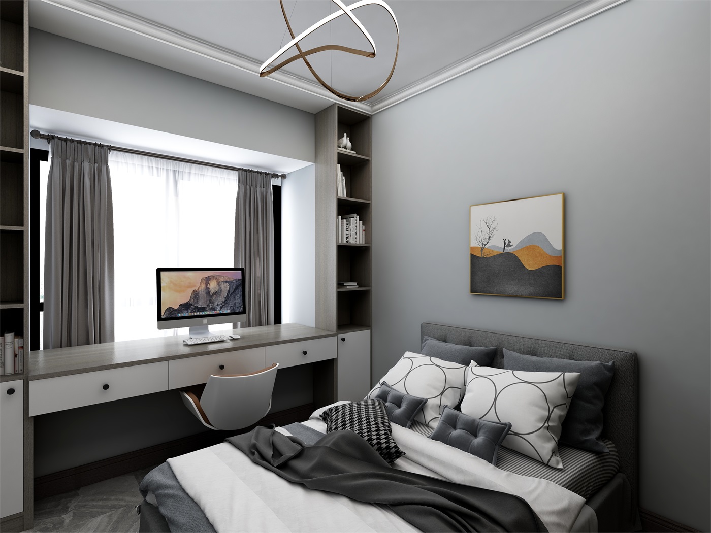 卧室以灰色为主色，临窗定制写字桌，整体空间显得文艺优雅而又实用宽松。