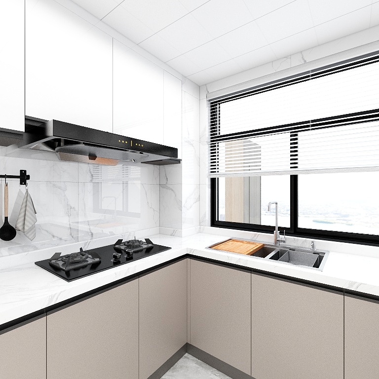 厨房采光较好，米色橱柜与白色吊柜相互结合，让厨房空间更加通透。