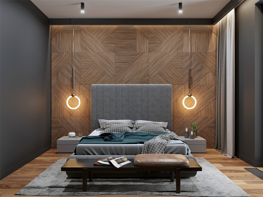 大面积木调墙面中增置垂吊灯具，让主卧充满生机感，加高的床头凸显个性。