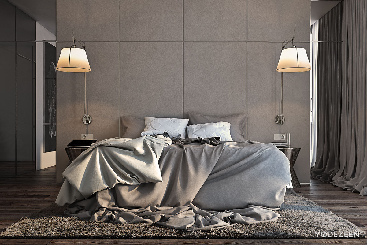 次卧壁灯对称设计，令空间的光亮感十足，床品配色与背景和谐统一，看上去很有质感。