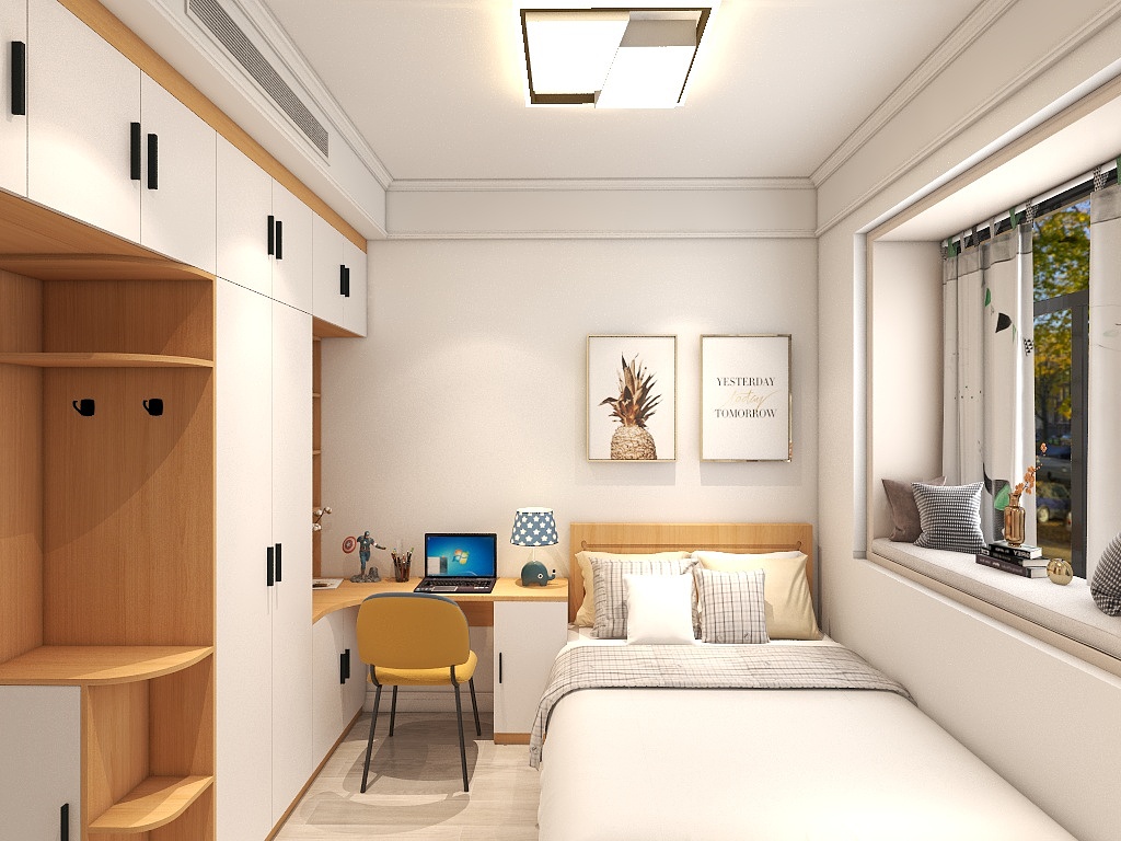 侧卧空间在感官上简约整洁，木质元素的融入使空间更为优雅、安静。