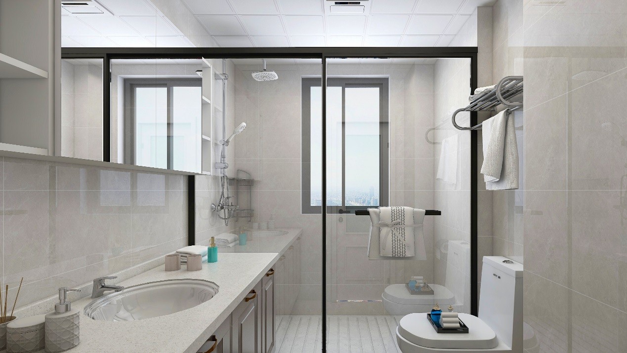 卫浴间以米色为主基调，丰富空间层次感的同时，又传达出时尚感。