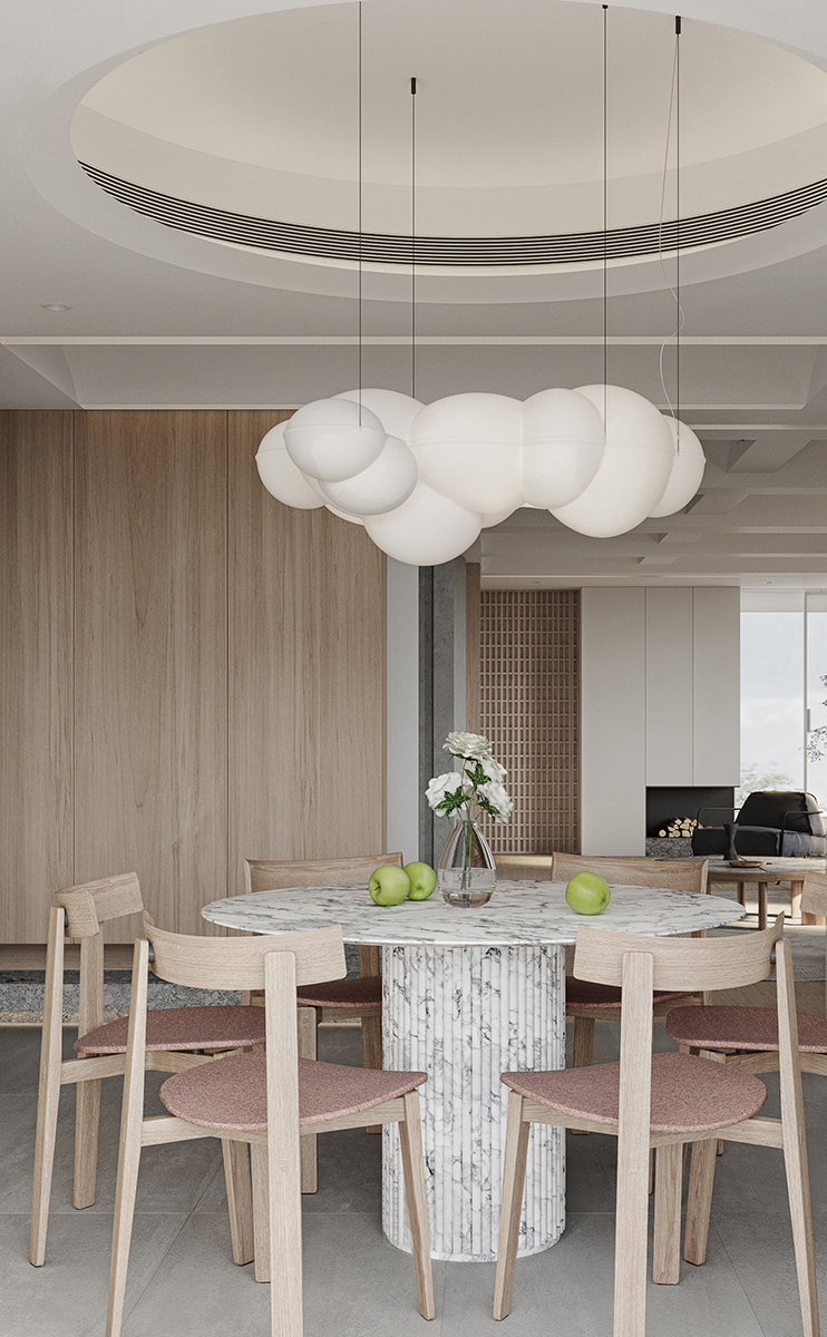 木色作为空间的主色调，融入白色灯具与餐桌，表现出日式风格崇尚自然的特点。