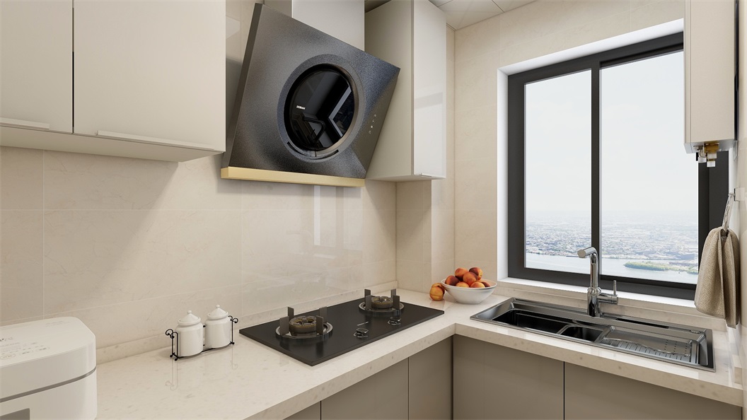 米色基调在空间延伸，厨房背景色与橱柜色统一，大面积延伸的纯色调倍显洁净。