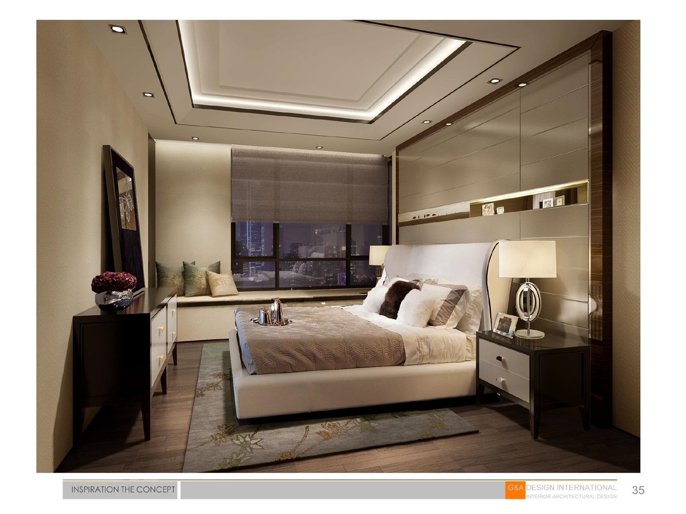 卧室以奢雅为主，整体色调以米色为主，背景墙造型时尚，整体美观大气。