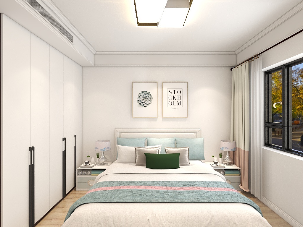 侧卧大白墙与白色衣柜相辅相成，提升了空间的明亮度，蓝色床品温润舒适。