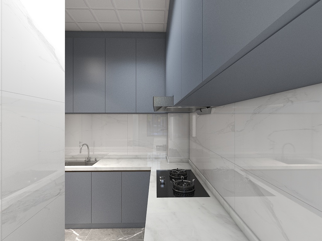 厨房空间简单精致，雾霾蓝橱柜解决了收纳问题，动线设计十分流畅。