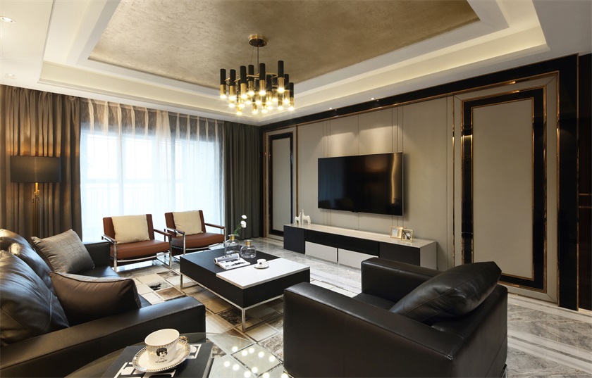 客厅以香槟色为基调,电视机背景墙结合简明的线条勾勒,空间精致感十足