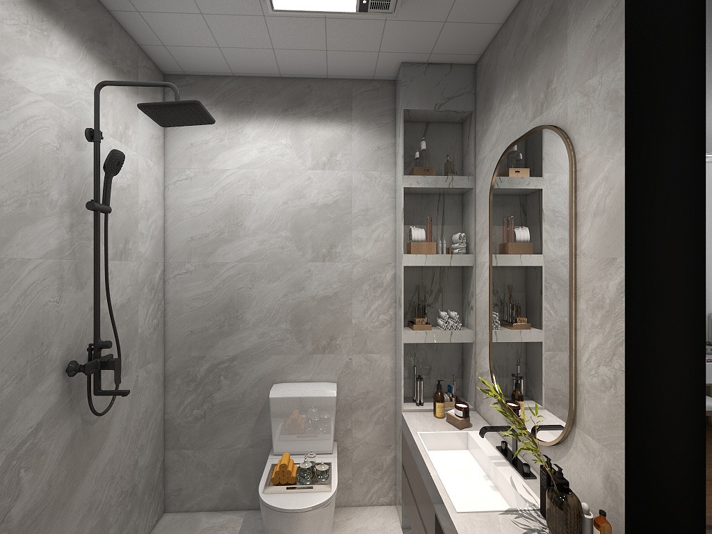 卫浴空间以灰色为主调，优雅写意的洁具融入其中，释放出宁静的观感。