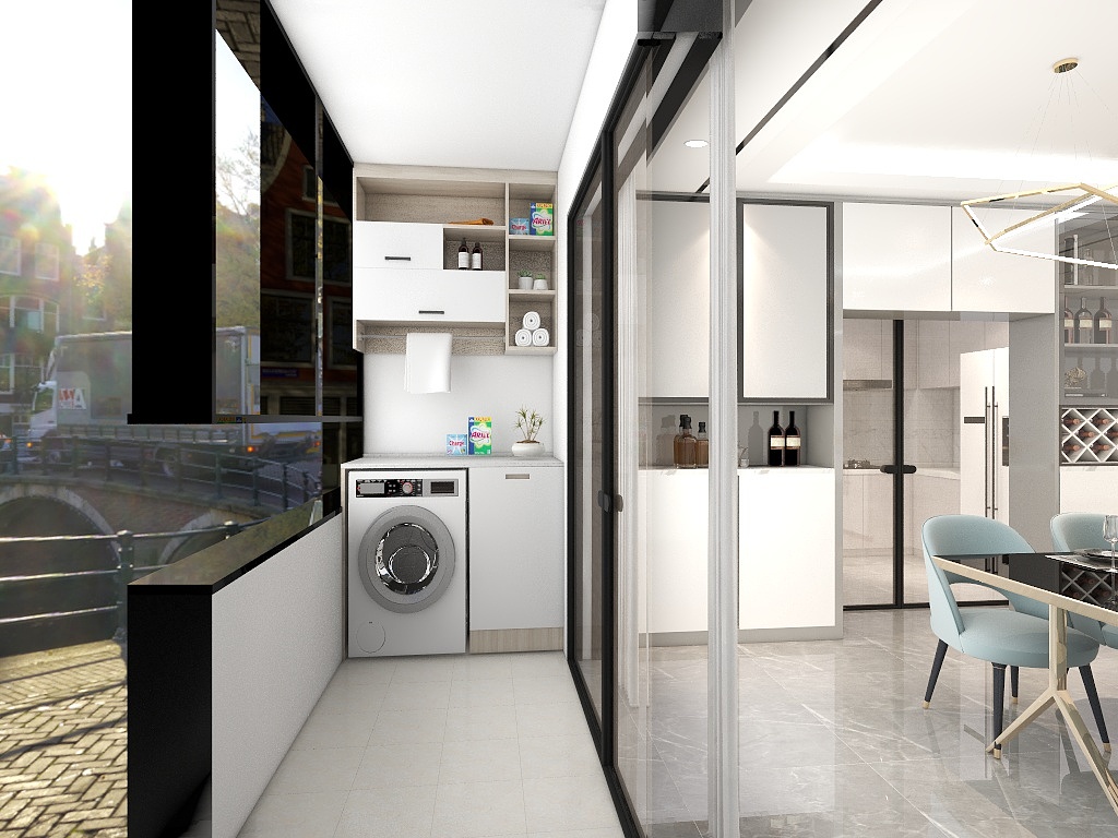 将客厅阳台设计为洗衣房，有效的利用了室内空间，吊柜层次分明，收纳能力强。
