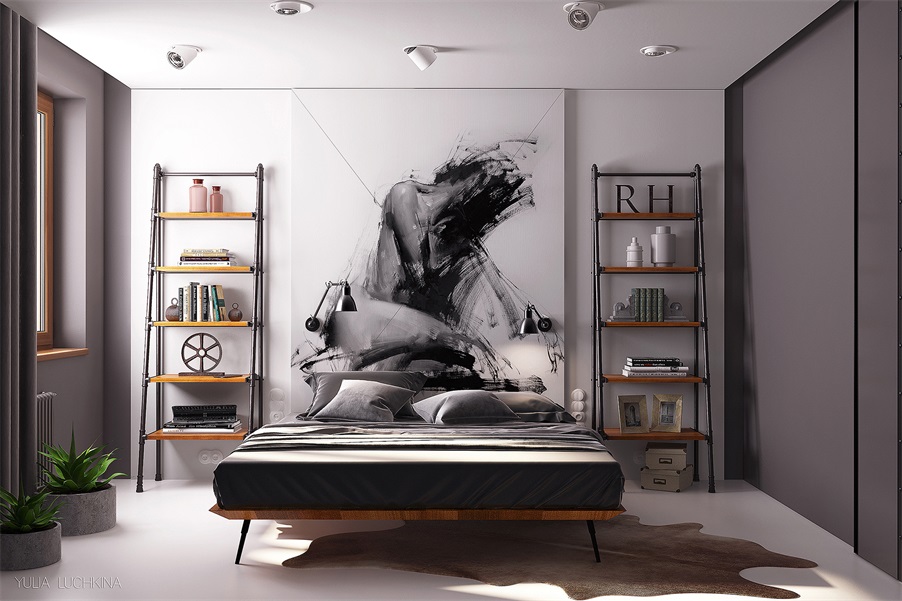 主卧空间采用内敛的灰白色作为主基调，给人以沉稳简洁的视觉观感。