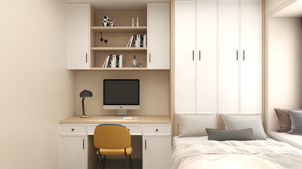 白色与木色的搭配，让空间尽显温馨，榻榻米、衣柜、书桌一体化设计，凸显整体氛围。
