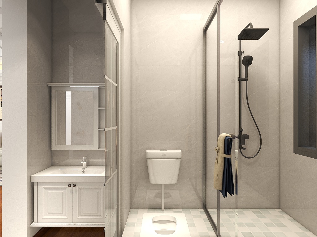 公共卫浴结构紧凑，三式干湿分离动线规划巧妙，采用玻璃浴房，保持了室内的采光。