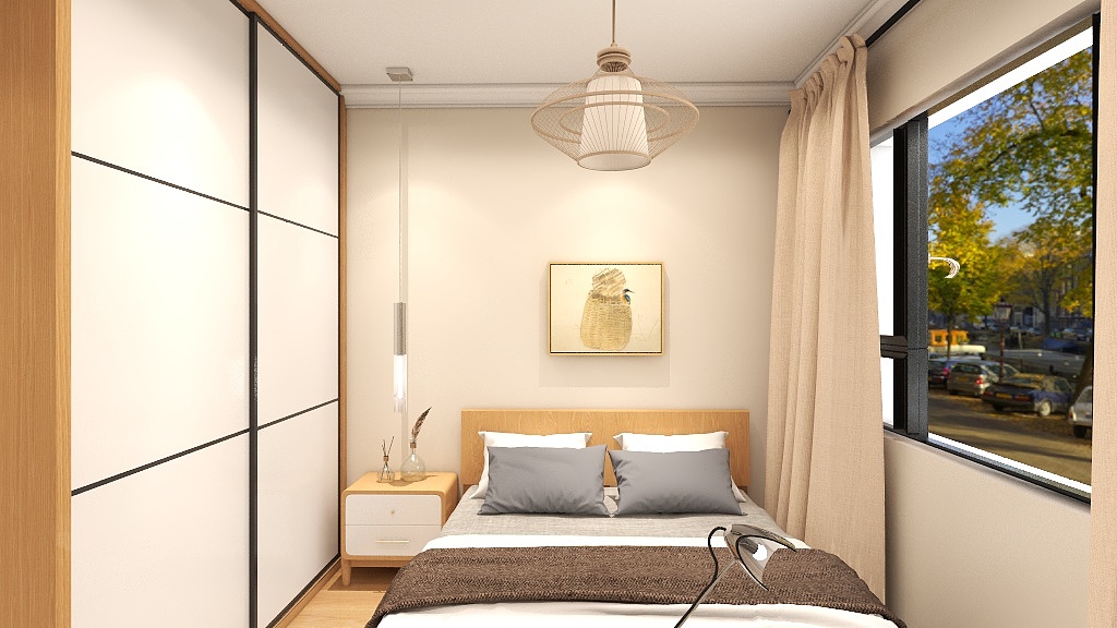 米色温馨的背景墙中，搭配木质床体和冷色床品，增加了视觉变化的层次。