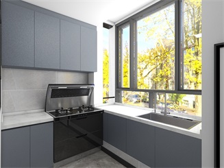 厨房采用明快的蓝色作为橱柜，打造出简约风格的清新之感，提升室内格调。