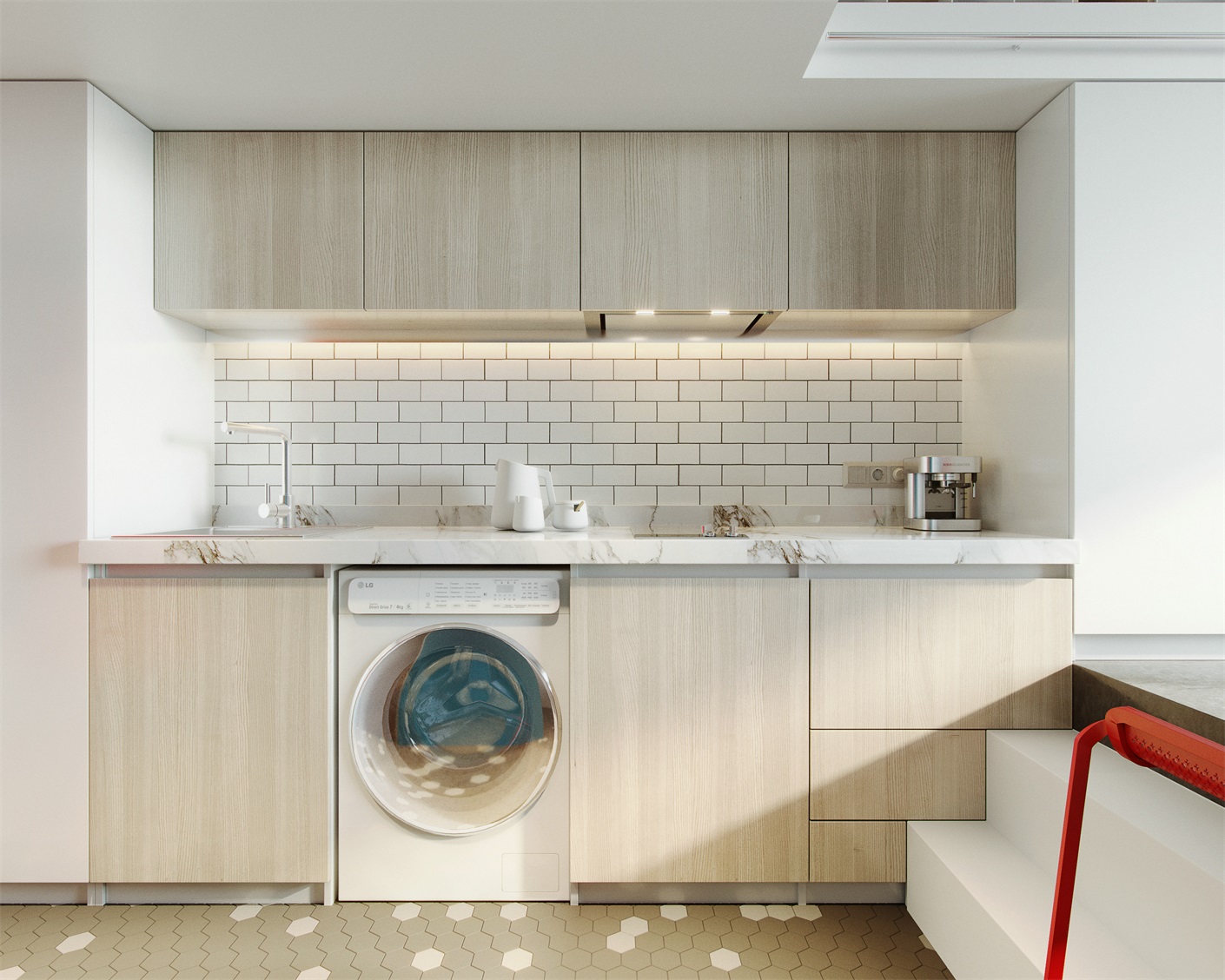 厨餐一体化设计，木质厨房与白色背景搭配设计，相得益彰，空间层次感把控的较好。