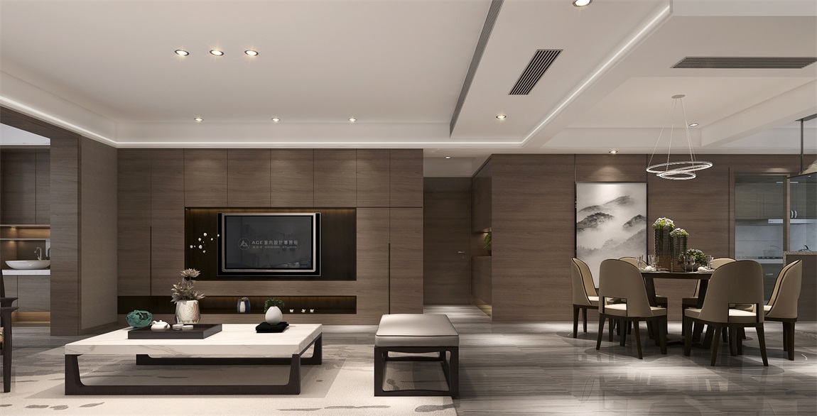 木色空间背景中嵌入式电视机，并配以白色家具，整个空间显得整洁而简净。