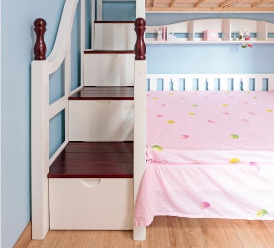 上下儿童床，空间利用率极高。步入式阶梯做收纳，安全实用。马卡龙墙面温馨，很适合儿童。