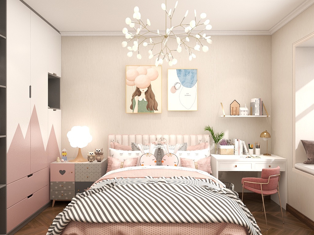 粉色系为主的儿童房展现了业主追求极简的生活态度，诠释出自然极简的格调。 