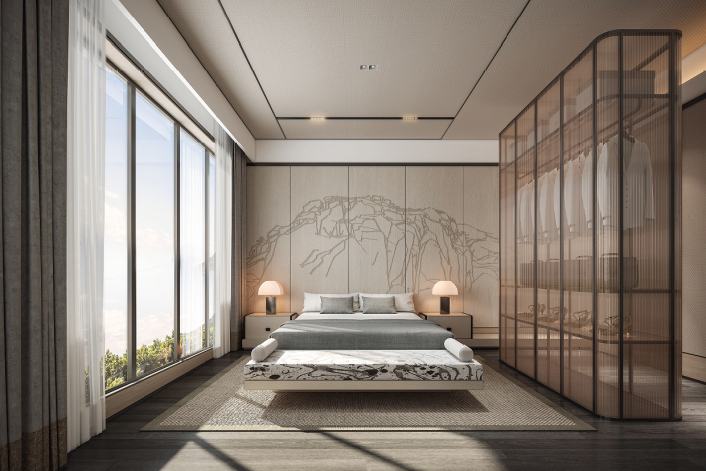 卧室以米色为基调，木色背景墙设计新颖，搭配木质家具，整体造型十分简洁。