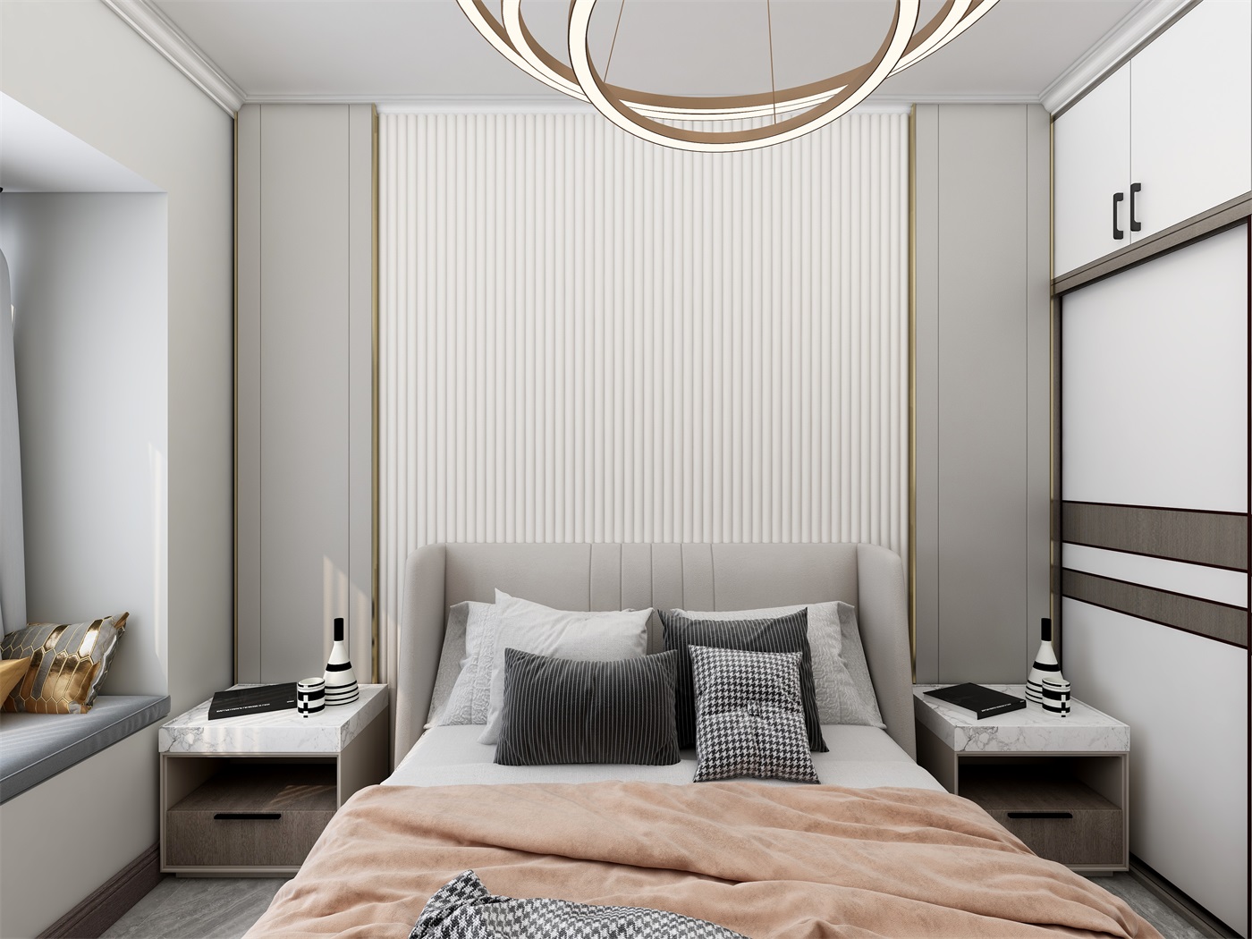 空间背景墙层次分明，暖色床品轻奢优雅，让整个区域充满低调奢华的高档感感。