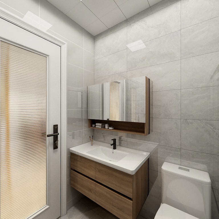 卫浴空间结构紧凑，大理石、木质等不同材质之间的搭配勾勒不同层次感，静谧感强烈。 