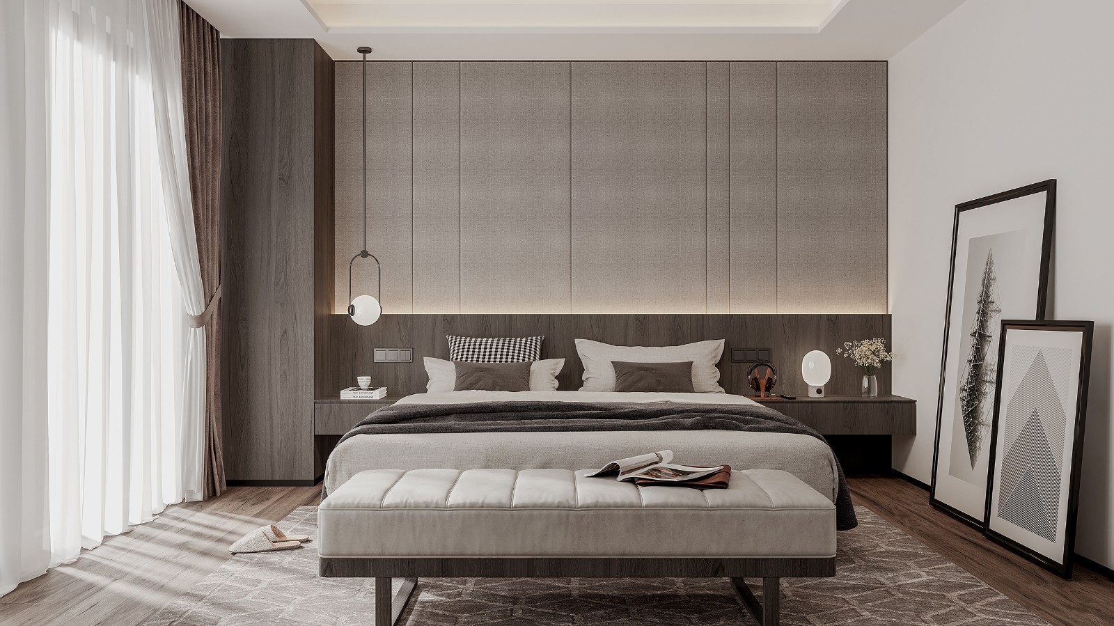 侧卧木色的色调更加凸显出空间的质感，同时床品颜色也与其保持一致。