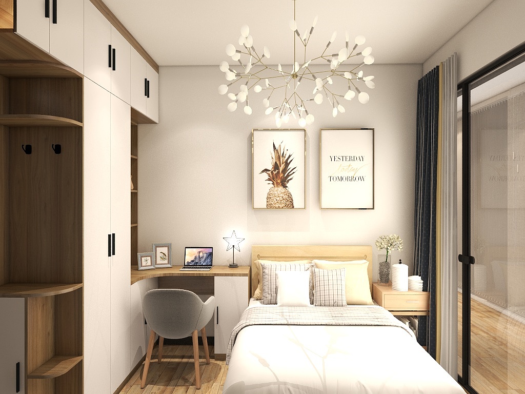 卧室整体色调以米色为主，明亮灵动，木质床头与背景墙相互融合，打造出一个放松身心的场所。