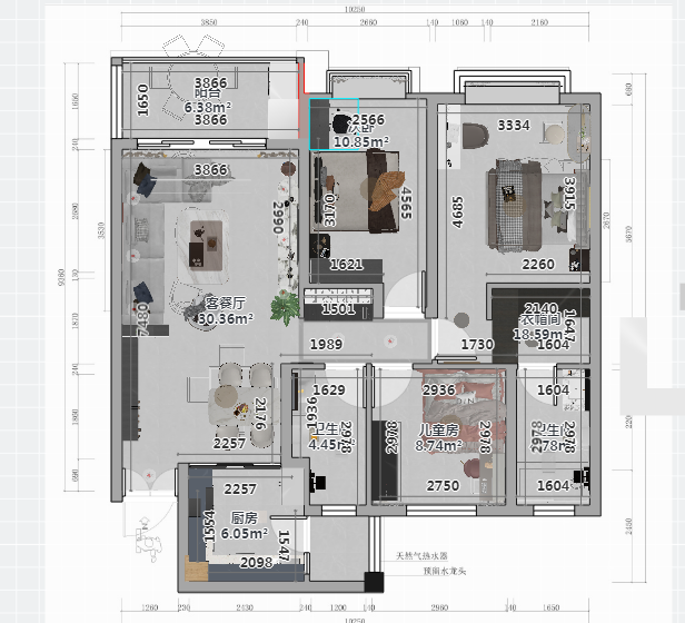 经典三房设计，布局方正实用，主卧偏居一隅，配置套间，独享私密与便利。