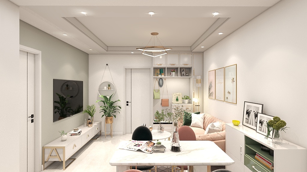 客厅大面积以白色为主，局部选择干净简约的元素搭配，看上去温馨雅致。