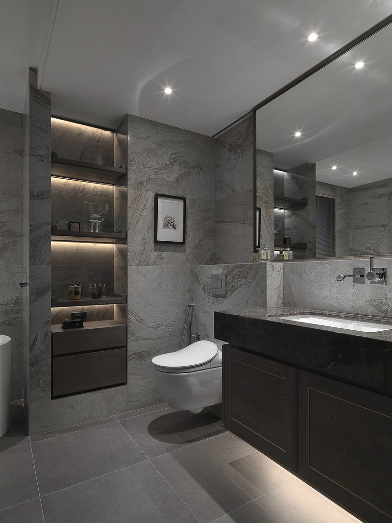 卫生间干净整洁,背景墙做了壁龛设计,搭配上灯带和照明,高级感满满.