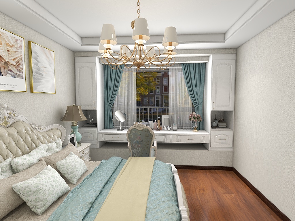 欧式床头搭配蓝黄色床品，透光清纱窗幔前设计写字桌，营造出清新优雅的欧式情调。