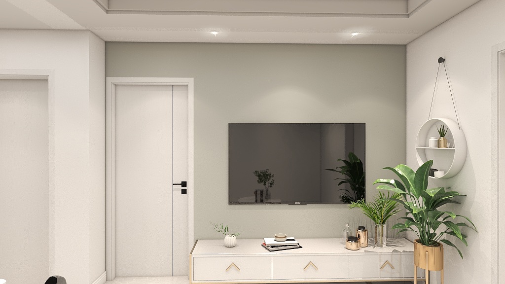 背景墙设计简单，白色地柜与浅灰色墙面相互融合，视感干净舒适。