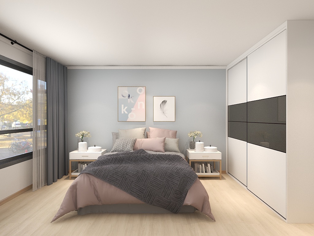卧室地面铺贴了木地板，木质感比较强，床品采用粉色和灰色撞色，让整体的空间更加贴合于北欧风格。