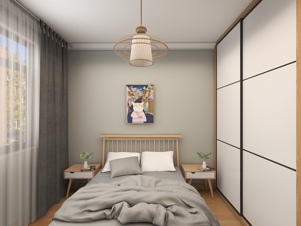 次卧运用颜色的互补性，在空间中巧妙运用灰色、白色和木色打造。