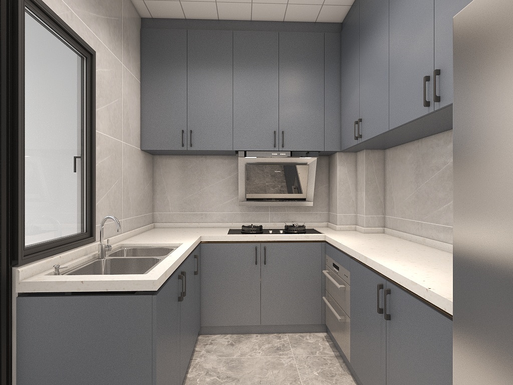 U型厨房动线合理，蓝色橱柜搭配米色背景墙面，温婉舒适的气质油然而生。