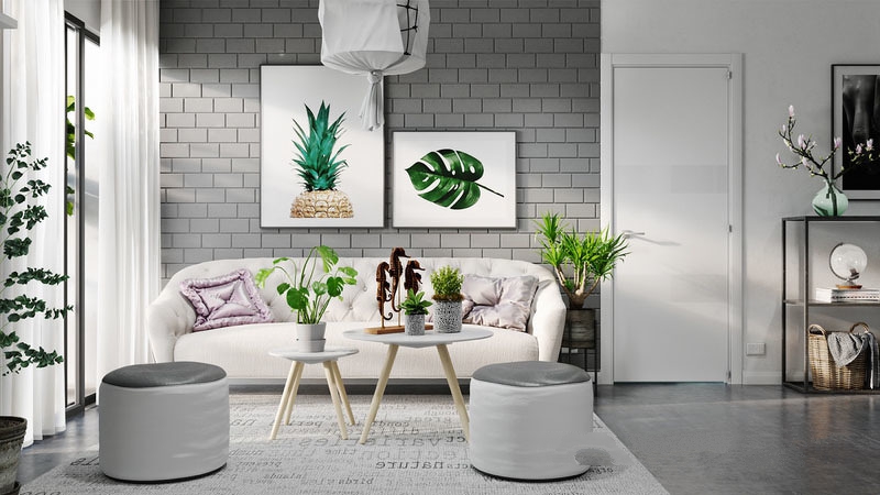 灰色文化砖与白色沙发的融合，搭配绿植点缀其中，营造出温馨感。