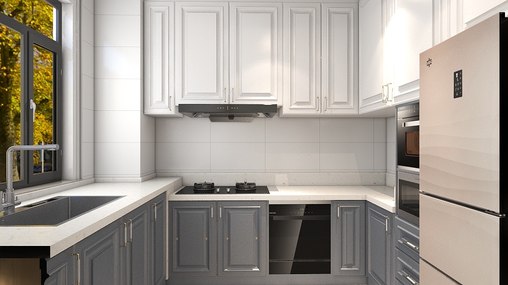 厨房选择了简约的装修设计，蓝白两种颜色的橱柜让厨房看着更加的整洁实用。