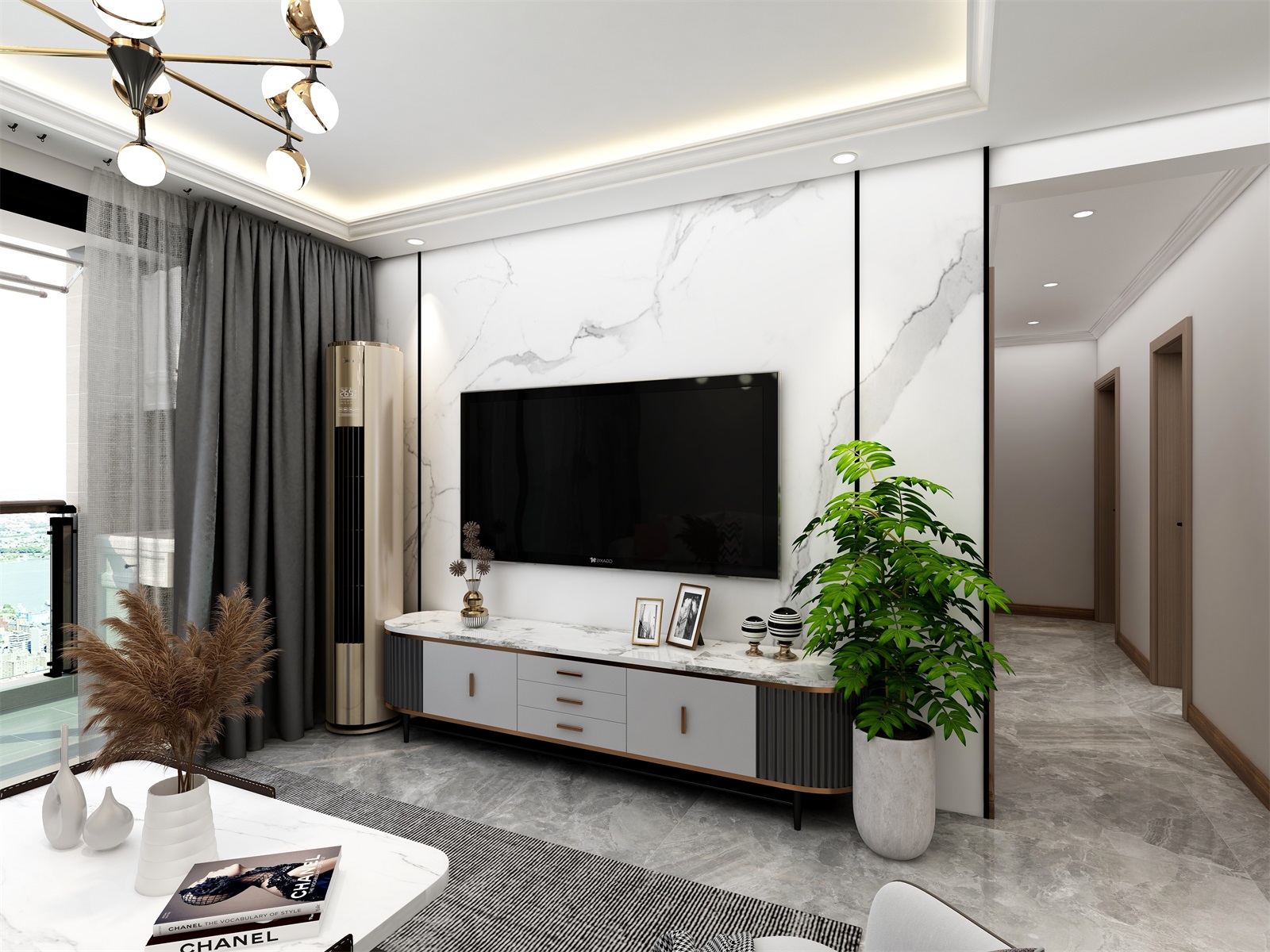 电视墙采用大理石为底色，电视机挂式设计，衬托出丰富的空间情绪。