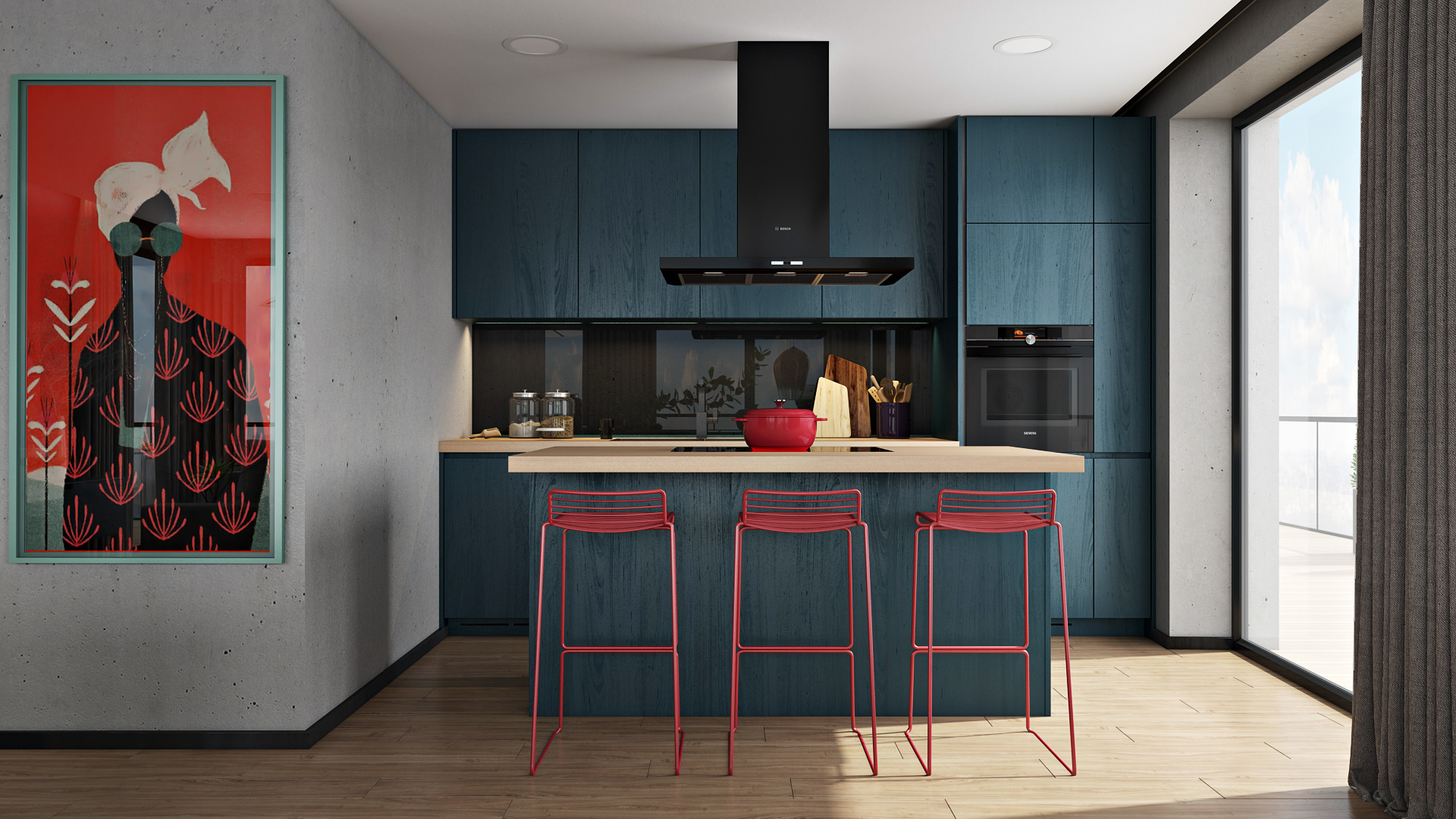 厨房设计讲究多层级的空间感受，蓝色橱柜配以红色吧椅，满满的立体感。