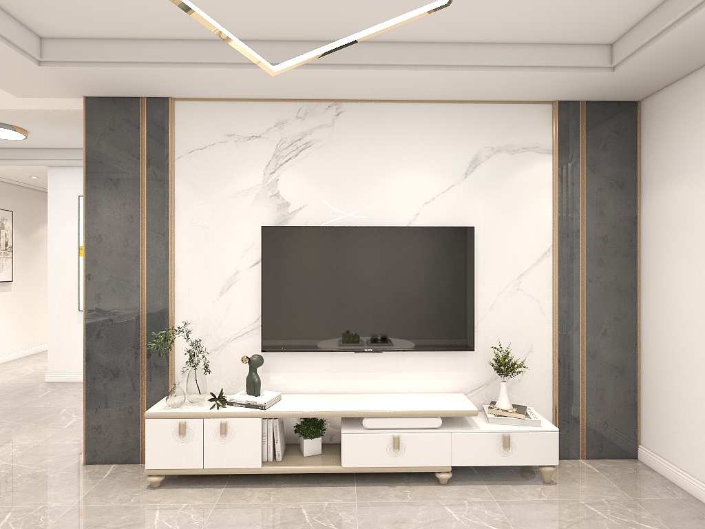 电视机背景墙主基调为大理石，局部点缀着黑色色块，充分体现出宁静和放松的空间氛围。