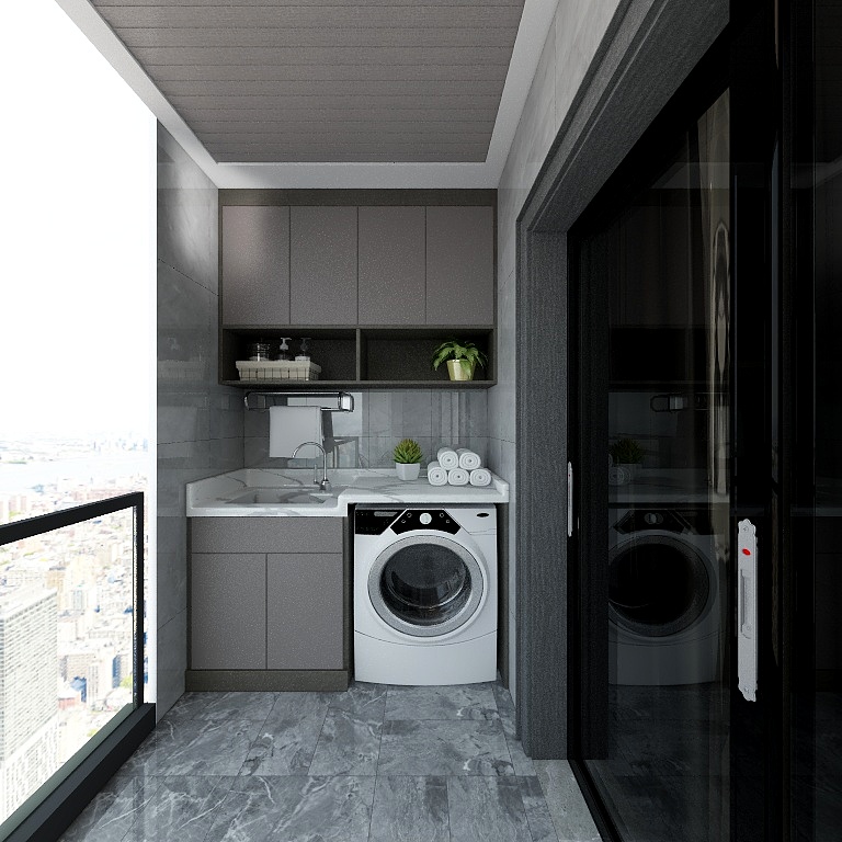 阳台另一侧设计为洗衣位，咖色柜面精致感十足，扩充了室内功能。