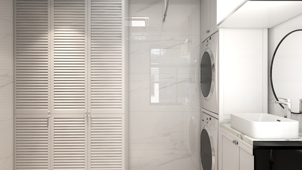 洗衣房以白色为主基调，简单配色丰富空间，使空间显得更加宽敞。