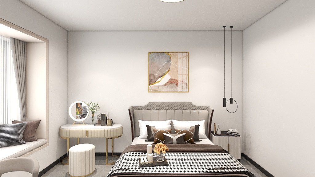 卧室采用垂吊灯与隐藏式灯带相结合的照明方式，展现出别样的光影效果。