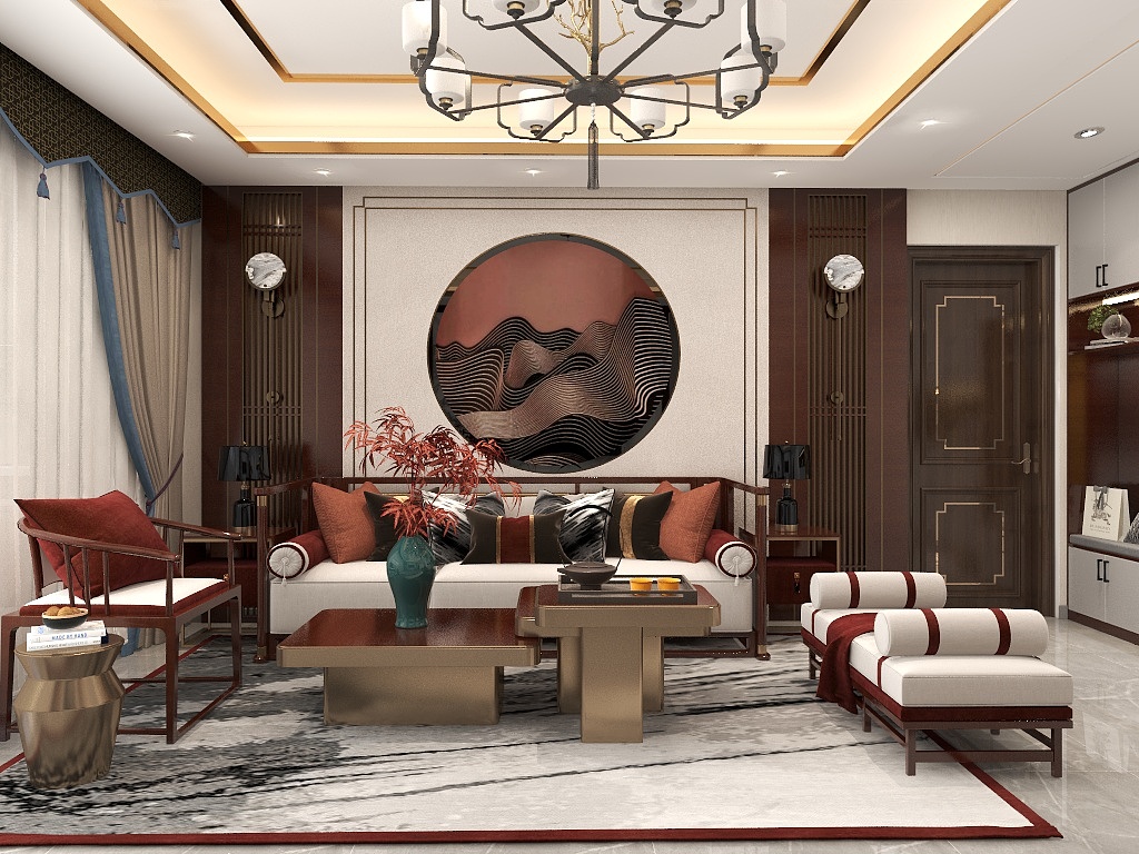 客厅以白色、木色为基调，用不同材料实现空间底色，突出了空间的简洁纯静。